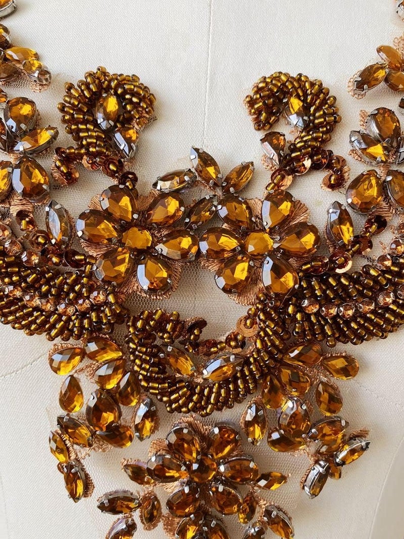 wtbvn Handmade Rhinestones lace Applique handsewing Beads Trim Patches Neckline for Dress Clothes Accessory (Brown) - Image 1